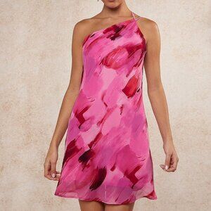 Pink Sexy Women's Brush Print Draped Open Back Mini Dress